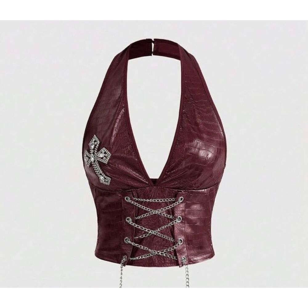 ROMWE Burgundy Faux Leather Rave Set Chain Lace‑Up Halter Top & Shorts Size S - Picture 6 of 8